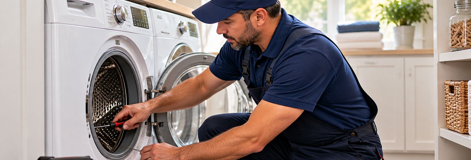 A technician kneeling to repair a front-loading washing machine in a laundry room