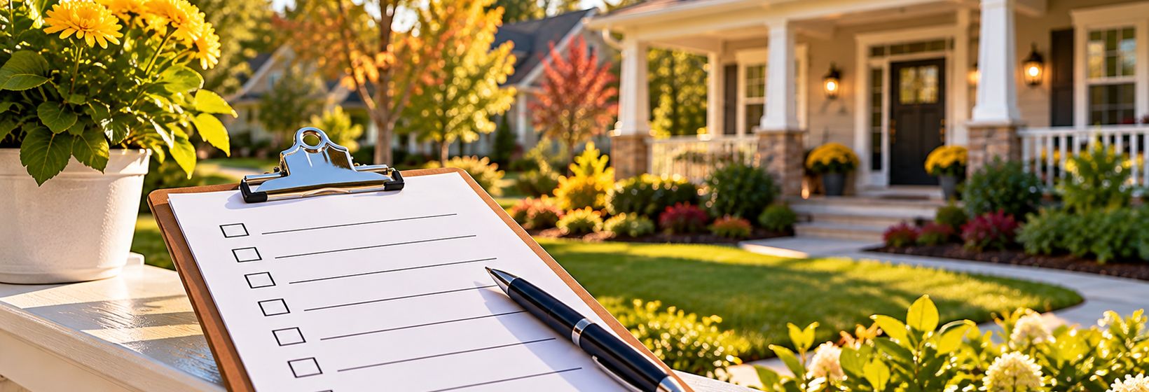 A clipboard with a blank checklist and a pen on a porch rail in front of a house