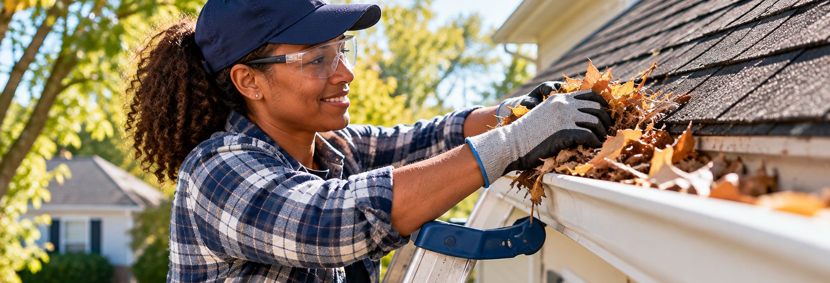 A woman in safety glasses and gloves clearing leaves from a gutter, her ladder steadied by a stabilizer