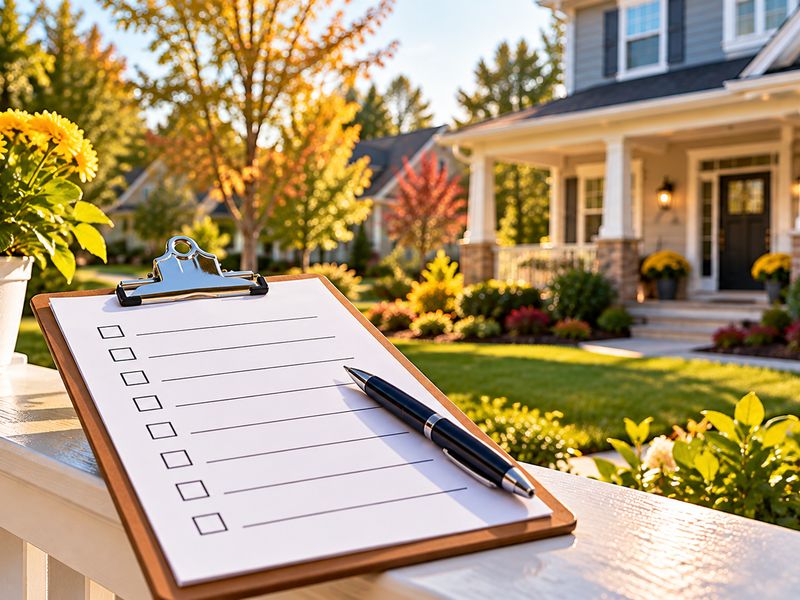 A clipboard with a blank checklist and a pen on a porch rail in front of a house
