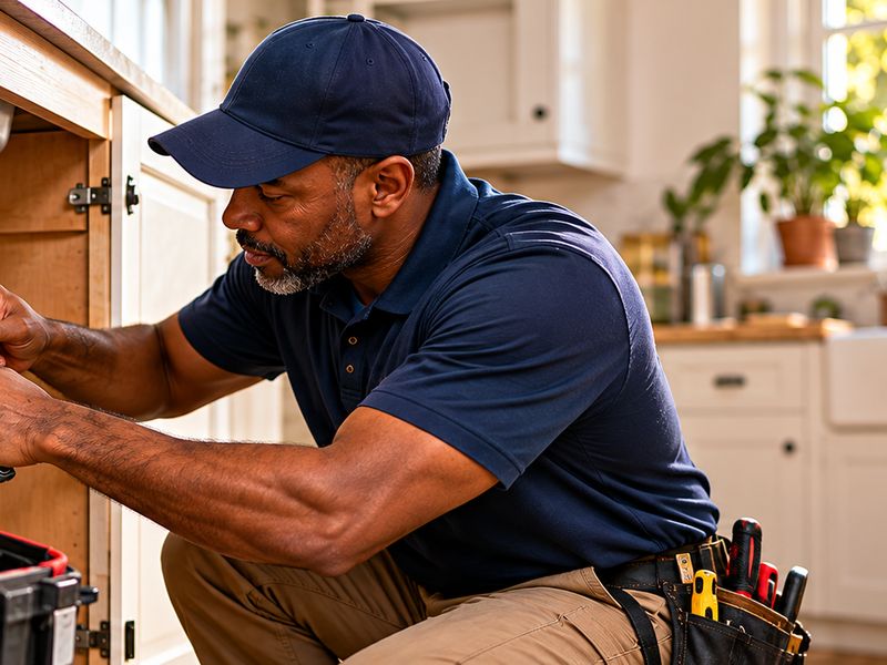 A plumber in a navy cap tightening the drain trap under a kitchen sink